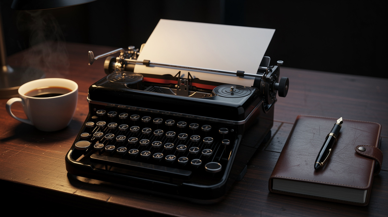 Vintage typewriter with a blank page and a cup of coffee on a wooden desk