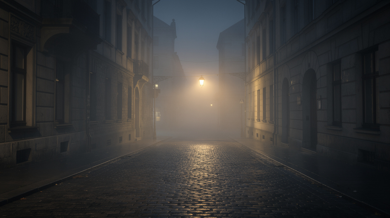 Foggy cobblestone street in an old European town at night lit by a single street lamp