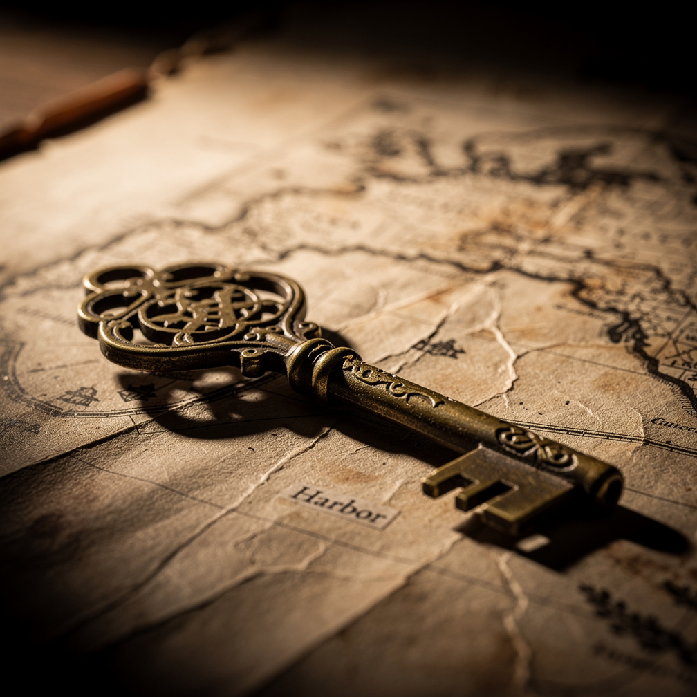 Old brass key resting on an antique folded map