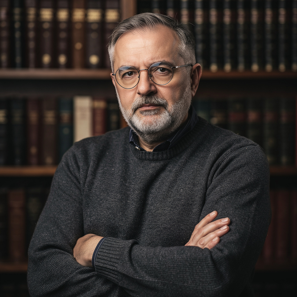 Studio portrait of a middle-aged Croatian male mystery novelist with glasses and a beard