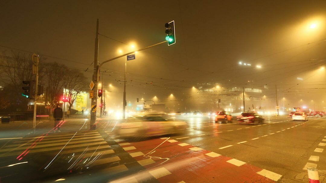 foggy city street at night