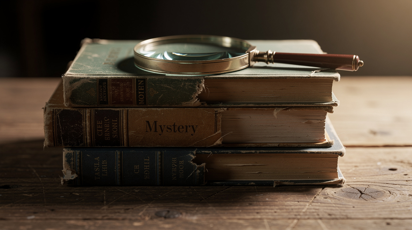Stack of old hardcover mystery novels on a wooden table