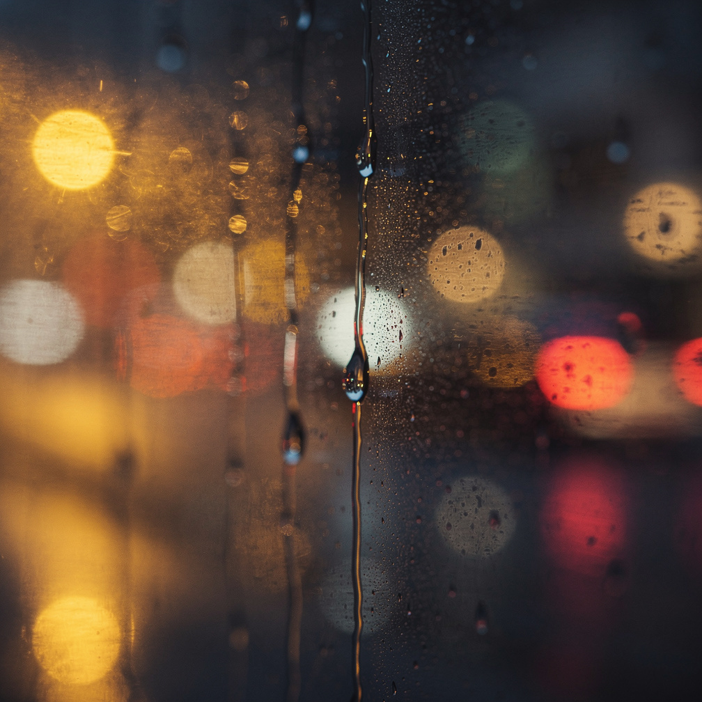 Raindrops on a window with blurred city lights at night in the background