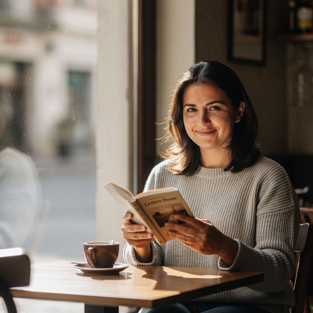 Portrait of a young woman reading a book at a cafe table