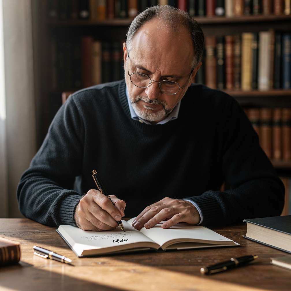 Croatian male novelist writing by hand at his desk
